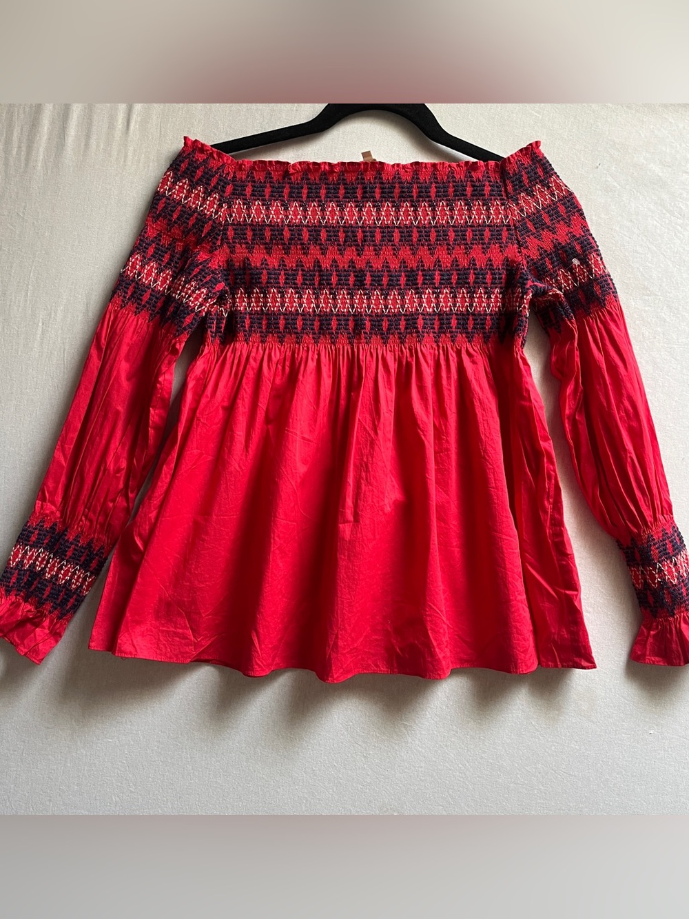 Maje Lezky Smocked Off-Shoulder Embroidered Peasant Top Red Size 1 / XS